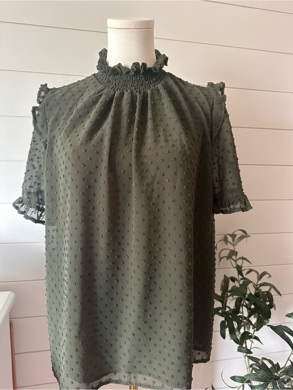 Ruffled Collar Olive Green Swiss Dot Blouse - Picture 1 of 6